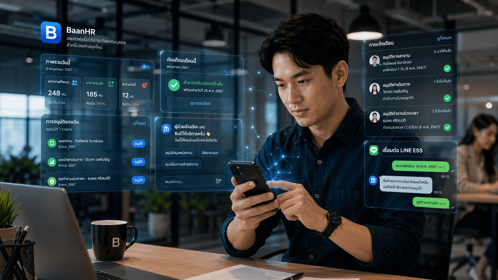 BaanHR HR platform with dashboard, AI assistant and LINE ESS panels